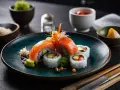 Talerz z kolorowymi rolkami sushi z łososiem, awokado i warzywami, udekorowany imbirem i wasabi.
