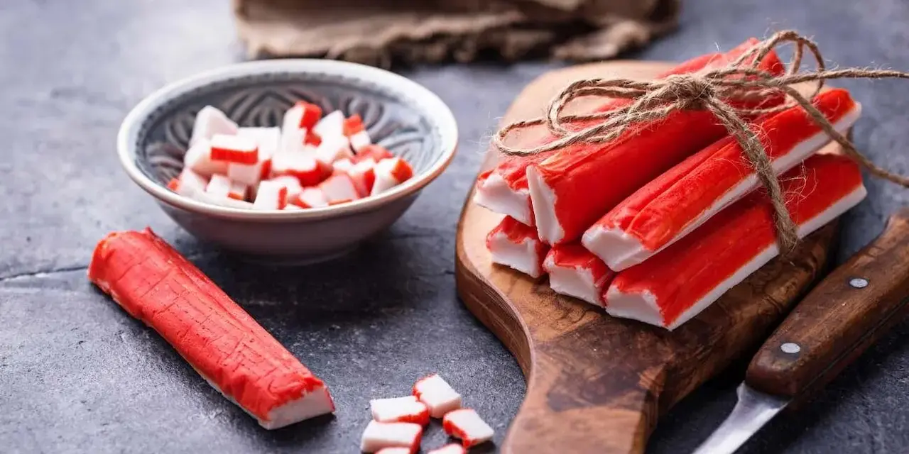 Surimi co to? Paluszki krabowe, pokrojone i całe, na desce i w miseczce, gotowe do sałatki.