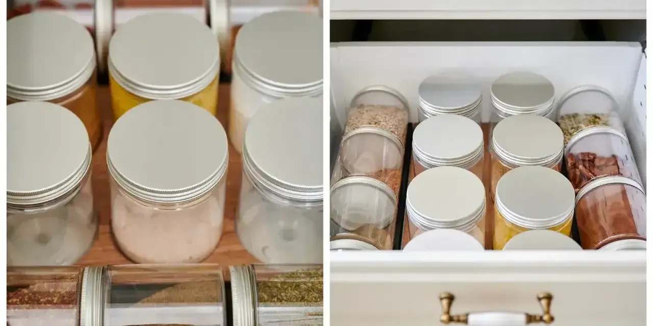 Słoiczki z przyprawami, w tym składniki na garam masala przepis, schludnie ułożone w szufladzie.