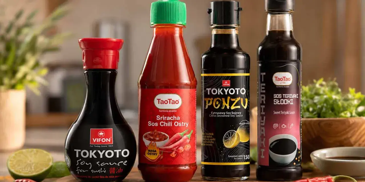 Cztery butelki sosów: sojowy, sriracha, ponzu i teriyaki, gotowe do sushi.