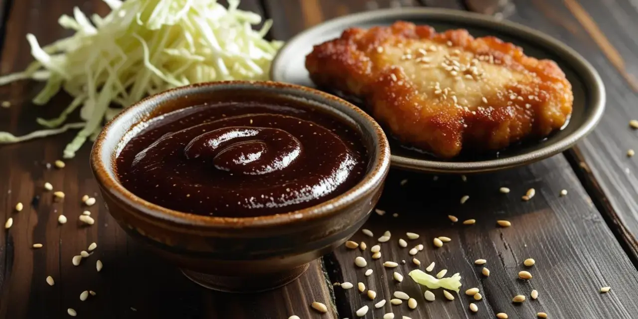 Miseczka z gęstym, ciemnym sosem tonkatsu, obok smażony kotlet i poszatkowana kapusta.