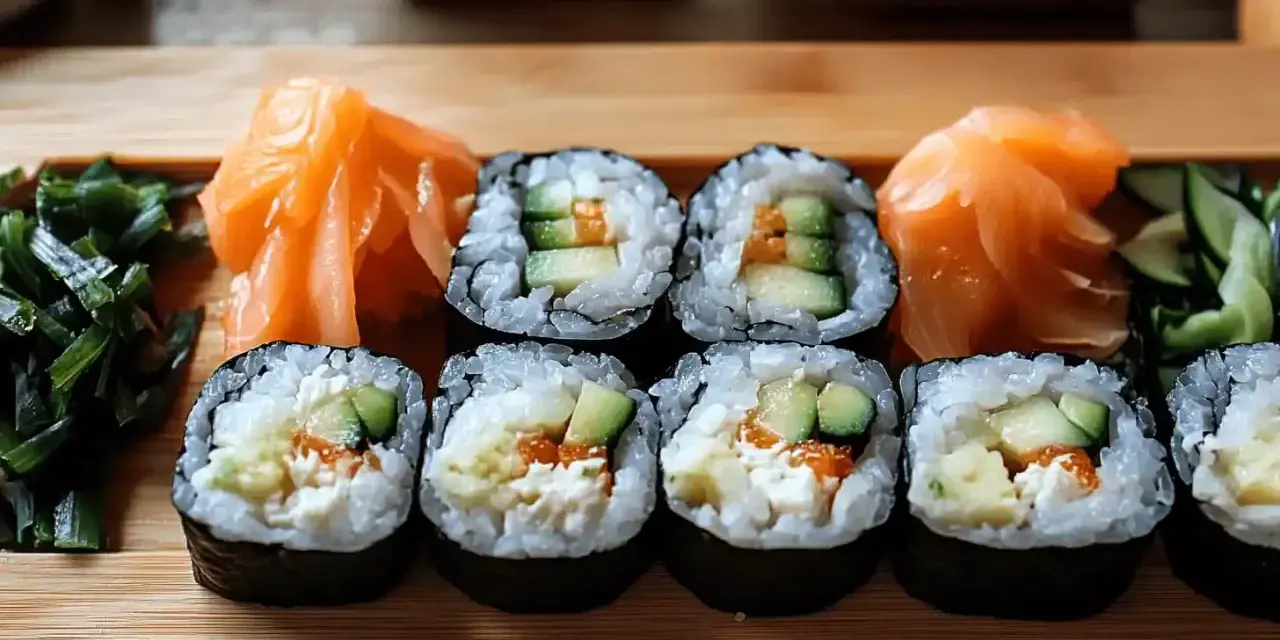 Rolki sushi z ogórkiem i łososiem, podane z marynowanym imbirem i zielonymi dodatkami.