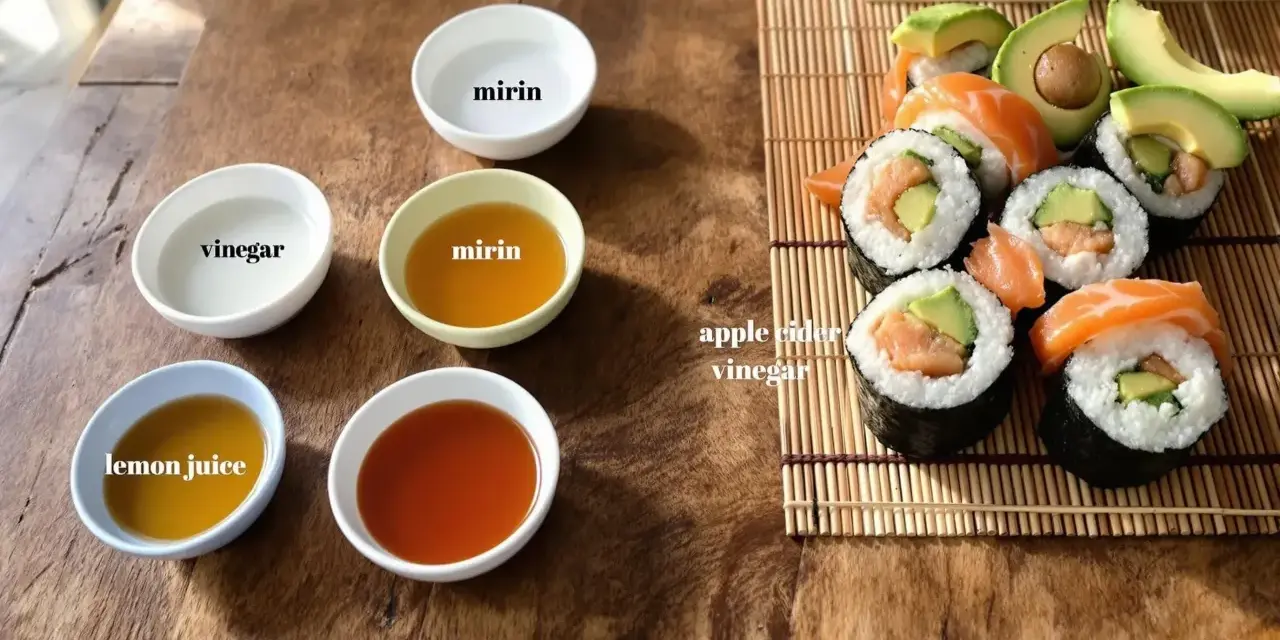 Szukasz alternatywy dla octu ryżowego? Na stole widzisz sushi, jabłkowy ocet, mirin, sok z cytryny i ocet.