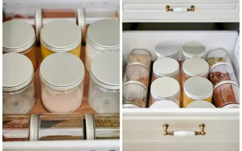 Słoiczki z przyprawami, w tym składniki na garam masala przepis, schludnie ułożone w szufladzie.