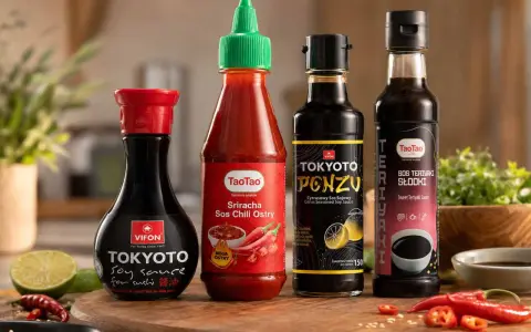 Cztery butelki sosów: sojowy, sriracha, ponzu i teriyaki, gotowe do sushi.