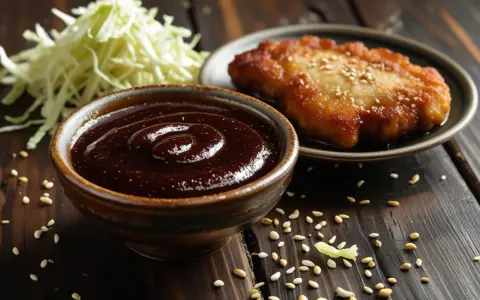 Miseczka z gęstym, ciemnym sosem tonkatsu, obok smażony kotlet i poszatkowana kapusta.