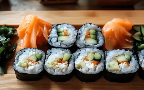 Rolki sushi z ogórkiem i łososiem, podane z marynowanym imbirem i zielonymi dodatkami.