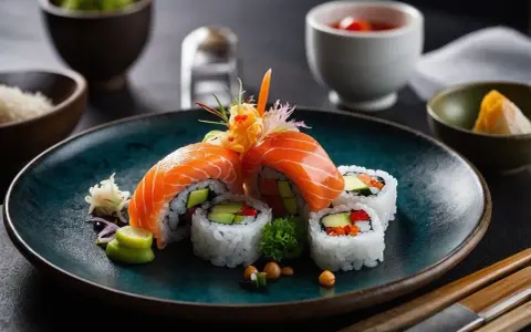 Talerz z kolorowymi rolkami sushi z łososiem, awokado i warzywami, udekorowany imbirem i wasabi.