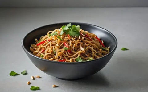 Miseczka makaronu sojowego z chili, orzeszkami ziemnymi i kolendrą.