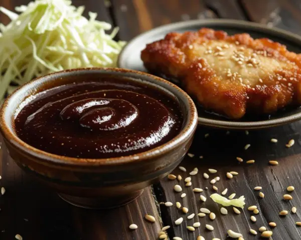 Miseczka z gęstym, ciemnym sosem tonkatsu, obok smażony kotlet i poszatkowana kapusta.