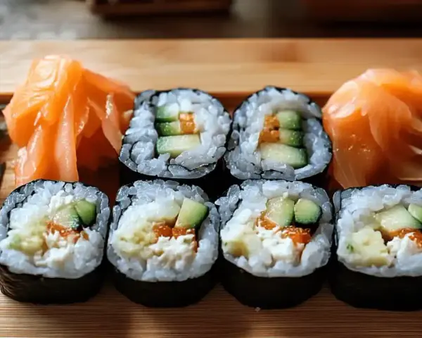 Rolki sushi z ogórkiem i łososiem, podane z marynowanym imbirem i zielonymi dodatkami.
