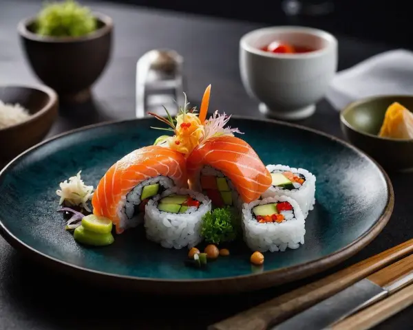 Talerz z kolorowymi rolkami sushi z łososiem, awokado i warzywami, udekorowany imbirem i wasabi.