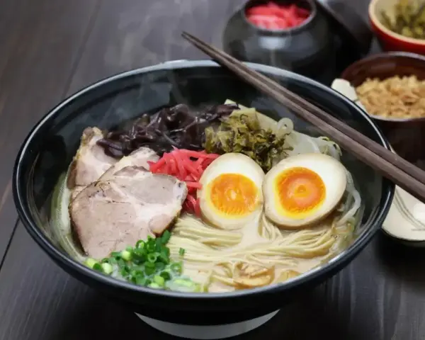 Parujący ramen: makaron, plastry wieprzowiny, jajko na pół, szczypiorek i grzyby. Pyszne danie, które rozgrzewa.