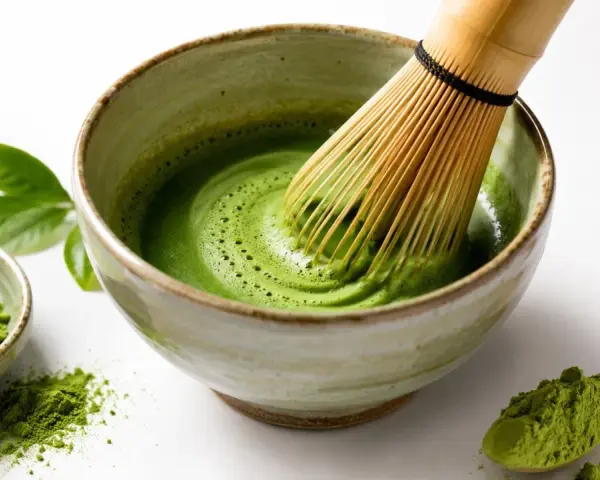 Przygotowanie idealnego matcha: zielony proszek, bambusowa miotełka i spieniony napój w miseczce.