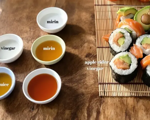 Szukasz alternatywy dla octu ryżowego? Na stole widzisz sushi, jabłkowy ocet, mirin, sok z cytryny i ocet.