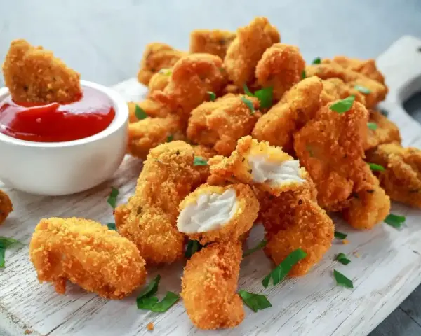 Chrupiące kawałki kurczaka w panierce z bułki tartej panko, podane z ketchupem i posypane natką pietruszki.