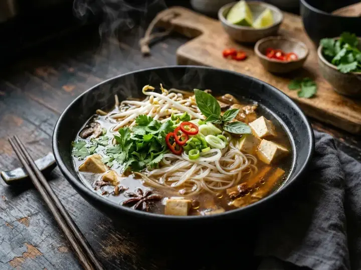 Gorący, aromatyczny makaron pho z tofu, kiełkami fasoli, kolendrą i chili, paruje na drewnianym stole.