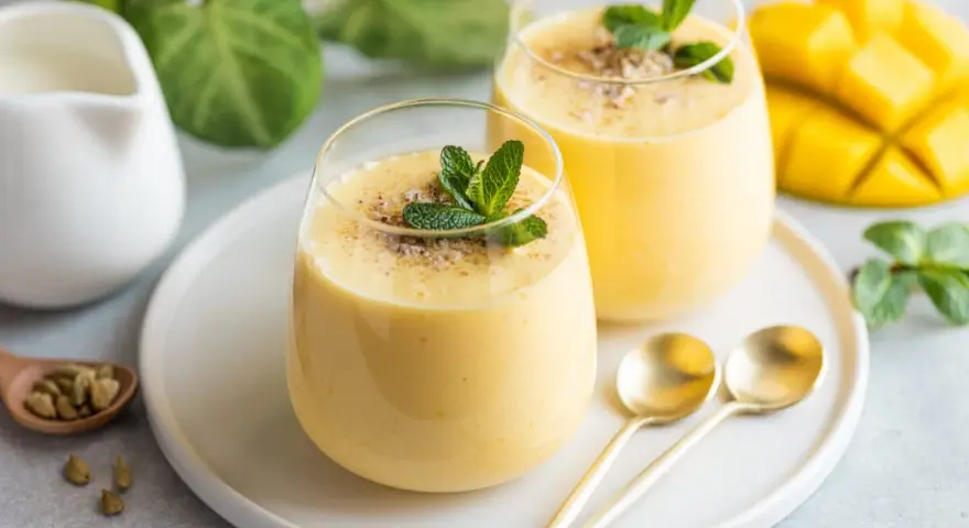 Dwa szklanki gęstej, kremowej pulpy mango, ozdobione listkami mięty i posypką. Obok świeży, pokrojony owoc mango.