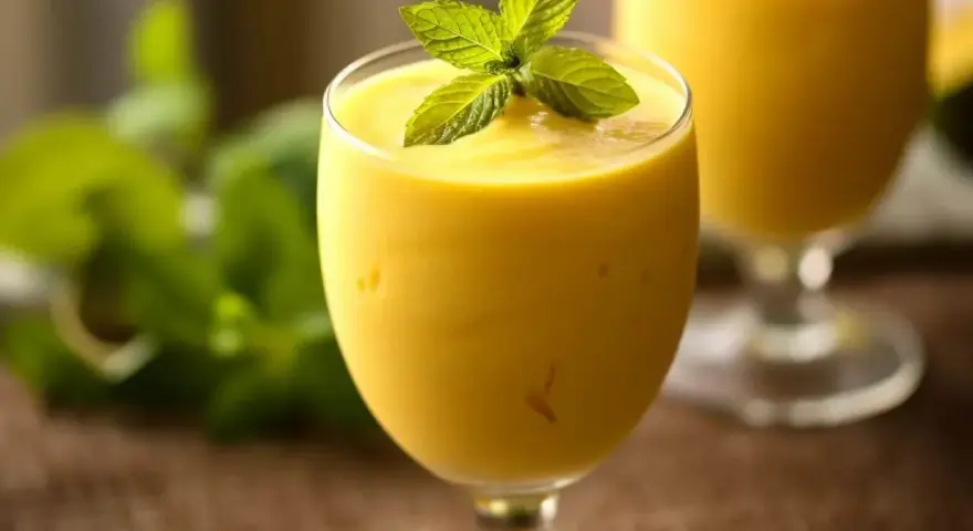 Orzeźwiający mango lassi, gęsty i kremowy, ozdobiony listkiem mięty. Idealny na upalny dzień.