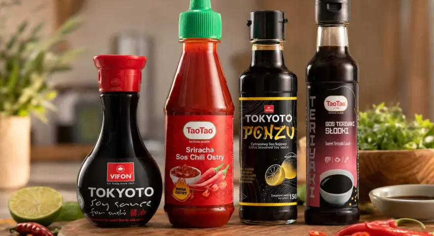 Cztery butelki sosów: sojowy, sriracha, ponzu i teriyaki, gotowe do sushi.