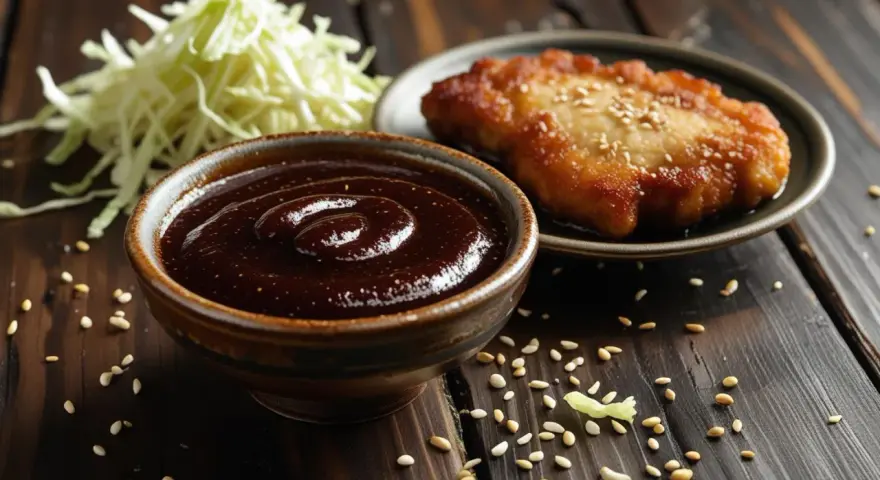 Miseczka z gęstym, ciemnym sosem tonkatsu, obok smażony kotlet i poszatkowana kapusta.