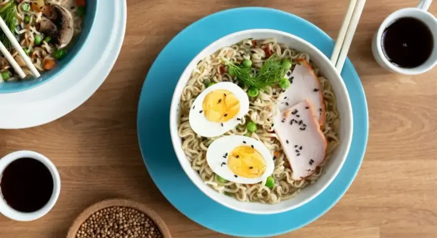 Miseczka tantanmen z makaronem, jajkiem, plastrami mięsa i zielonym koperkiem. Obok sos sojowy i ziarna.