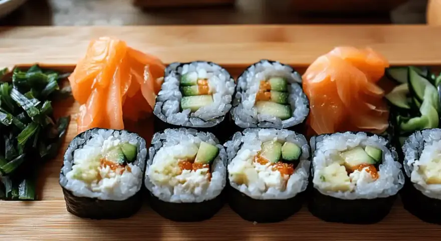 Rolki sushi z ogórkiem i łososiem, podane z marynowanym imbirem i zielonymi dodatkami.
