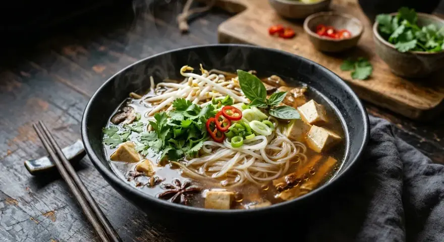 Gorący, aromatyczny makaron pho z tofu, kiełkami fasoli, kolendrą i chili, paruje na drewnianym stole.