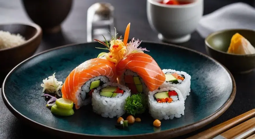 Talerz z kolorowymi rolkami sushi z łososiem, awokado i warzywami, udekorowany imbirem i wasabi.