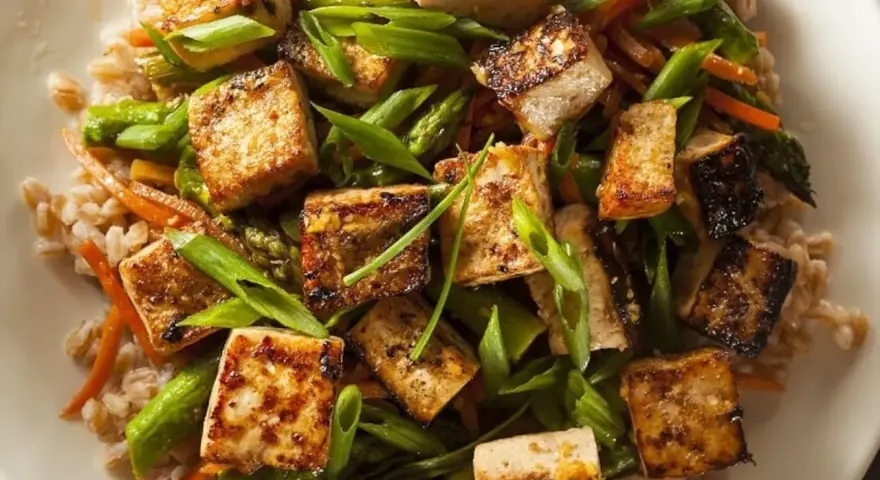 Chrupiące, smażone tofu z warzywami i kaszą. Pyszne danie pełne smaku i zdrowia.