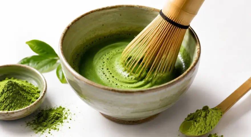 Przygotowanie idealnego matcha: zielony proszek, bambusowa miotełka i spieniony napój w miseczce.