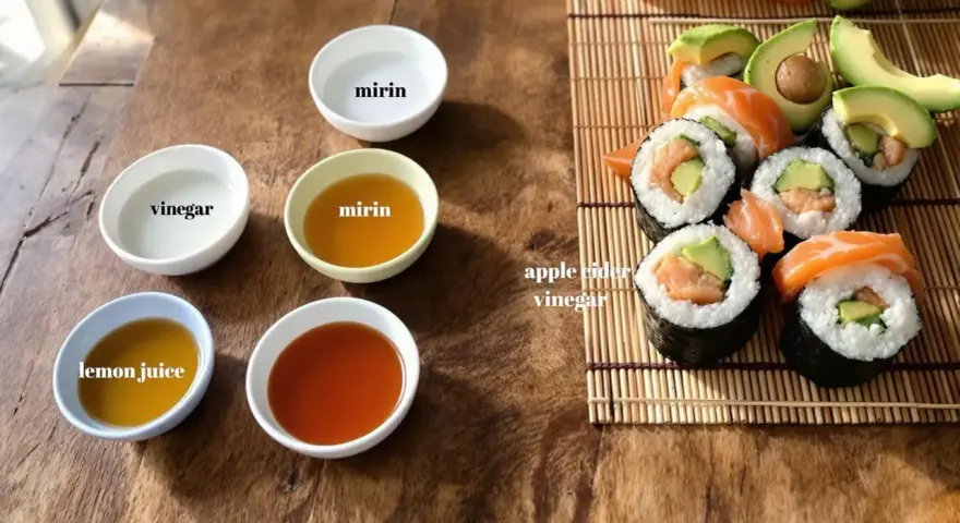 Szukasz alternatywy dla octu ryżowego? Na stole widzisz sushi, jabłkowy ocet, mirin, sok z cytryny i ocet.