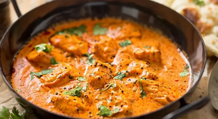 Aksamitny kurczak w sosie curry, udekorowany świeżą kolendrą, kusi aromatem. Obok widać kawałki chleba naan.