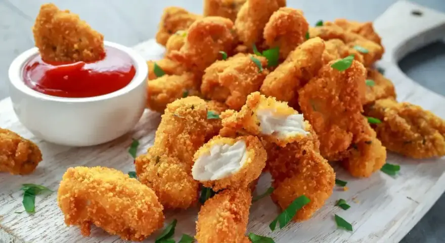 Chrupiące kawałki kurczaka w panierce z bułki tartej panko, podane z ketchupem i posypane natką pietruszki.