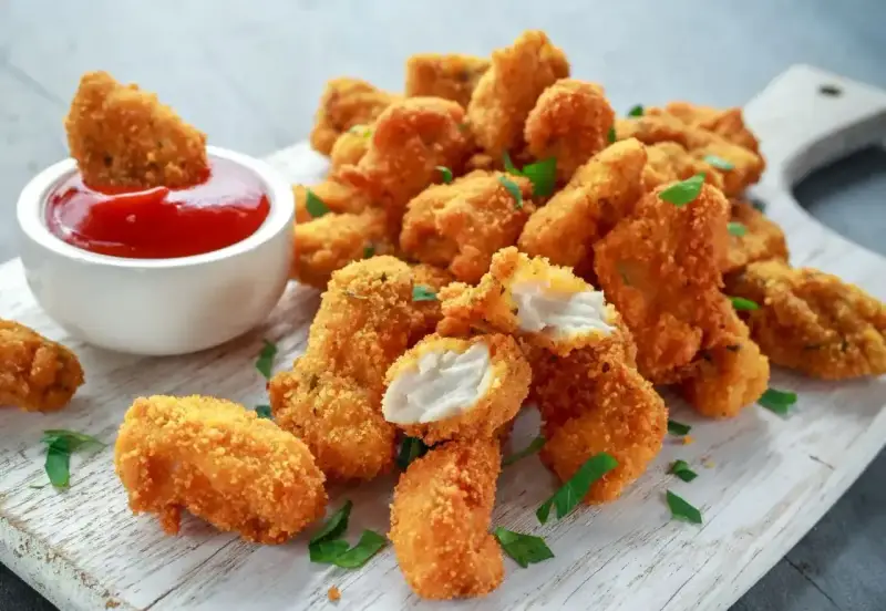 Chrupiące kawałki kurczaka w panierce z bułki tartej panko, podane z ketchupem i posypane natką pietruszki.